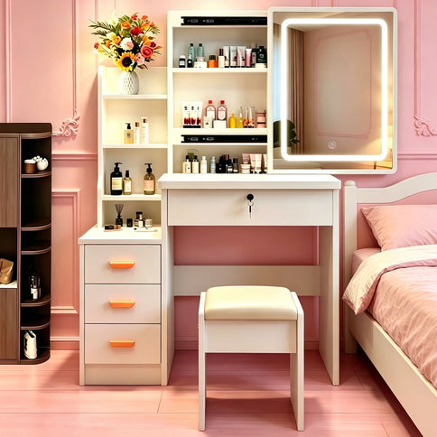 Vanity Set With LED Mirror, Storage Dressing Table & Cushioned Stool - Cream White