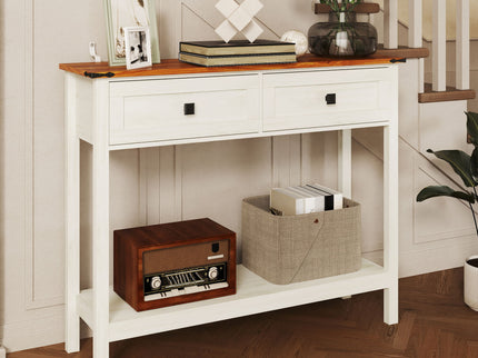 Farmhouse Style Console Table With 2 Drawers And Bottom Storage Shelf