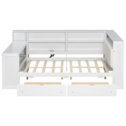 Platform Bed With Storage Shelves, Drawers, Charging Station, LED, Desk