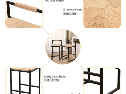 Stylish (Set of 2) Bar Stools With Backrest And Paper Rope Woven Seat, Counter Height Dining Chairs For Kitchen - Natural