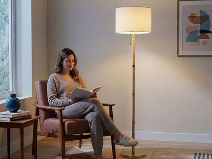 Stellar - Linen Shade Floor Lamp - Gold / Natural Wood / Rattan / White