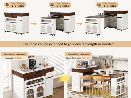 Extendable Dining Table With Folding Top, Rolling Kitchen Island With Drawers And Power Outlet