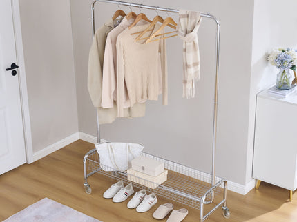 Heavy Duty Iron Garment Rack With Basket On Wheels - Silver