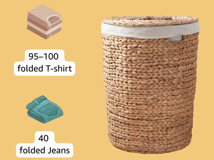 Ludmilla Round Tall Water Hyacinth Woven Wicker Laundry Hamper With Lid - For Clothes, Toys And Book Storage With Removable Liner - 18" X 18" X 23" - Natural Brown