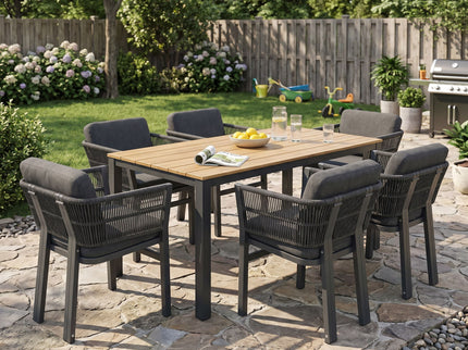 7 Piece Outdoor Dining Set With Table And 6 Chairs - Black / Teak / Gray