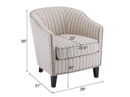 Transitional Upholstered Stripe Barrel Chair With Birch Wood Legs And Plush Cushioned Seat - Beige / Blue Stripe