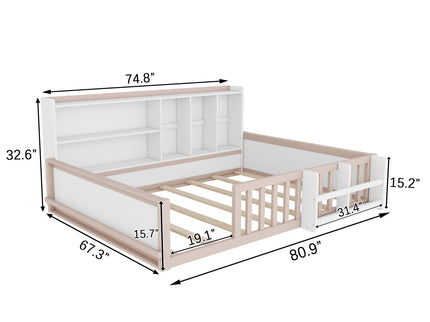 Platform Bed Frame With Guardrail, Storage Shelves & Bookshelf