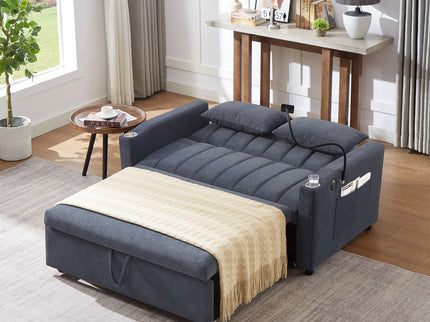 Convertible Sofa Bed Loveseat Sofa With Three USB Ports, Two Side Pockets, Two Cup Holders And 360° swivel Phone Holder For Living Room