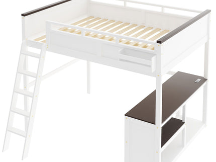Queen Size Loft Bed With Desk, Open Shelf, Storage Box And USB Charging Station - White