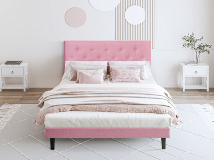 Modern Upholstered Platform Bed Frame With Button Tufted Fabric Headboard