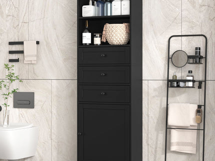 Tall Storage Cabinet With 3 Drawers And Adjustable Shelves For Bathroom