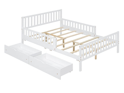 Platform Bed With Guardrails On Both Sides And 2 Storage Drawers