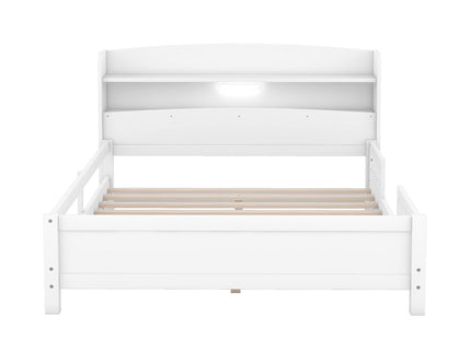 Wood Platform Bed With Built In LED Light, Storage Headboard And Guardrail