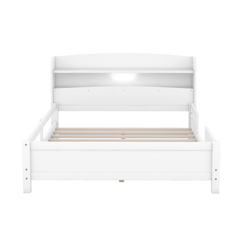 Wood Platform Bed With Built In LED Light, Storage Headboard And Guardrail