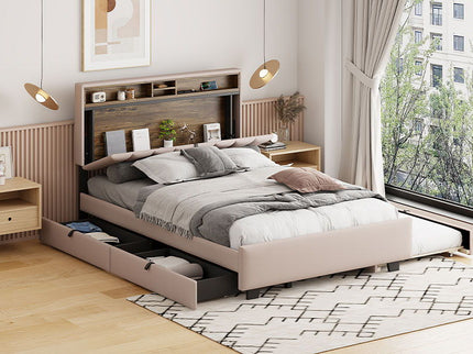 Upholstered Platform Bed With Storage Headboard, Trundle & 2 Drawers And A Set Of Sockets & USB Ports
