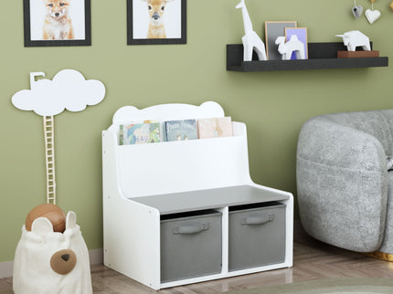 Bookshelf With Storage Bins, Bookcase With Book Display Shelf And 2 Bins, Cute Bear Shaped Backboard, Toy Organizer - White