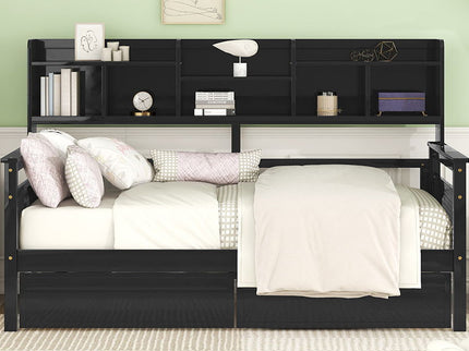 Daybed, Slat Support, With Bedside Shelves And 2 Drawers