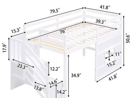 Loft Bed With Storage Staircase, Window & LED Light