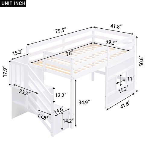 Loft Bed With Storage Staircase, Window & LED Light