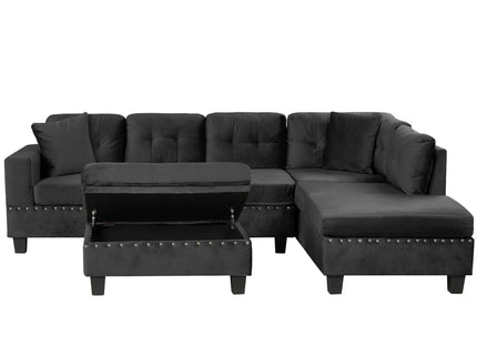 Modern Sectional Sofa With Storage Ottoman, L - Shape Couch With 2 Pillows And Cup Holders