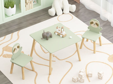 Sloth Themed Table And Chair Set With 2 Cute Animal Chairs - Natural Wood / Sage Green