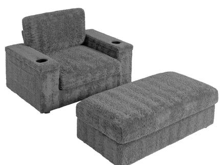 Oversized Chaise Lounge Indoor Rabbit Fur Sofa Bed With Storage Ottoman And Armrests Cup Holders With Deep Seat