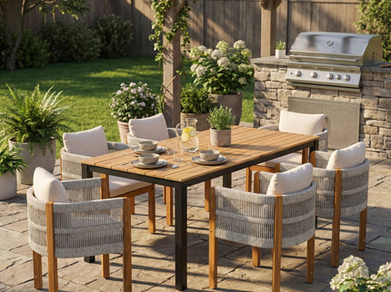 7 Piece Outdoor Dining Set With Table And 6 Chairs - Beige / Teak / White