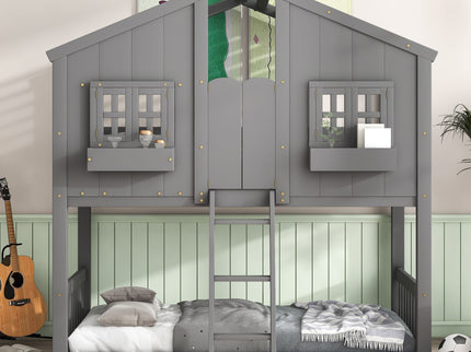 House Bunk Bed With Roof, Window, Window Box, Door, With Safety Guardrails And Ladder