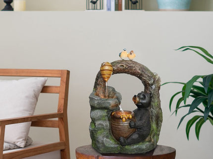 Decorative Two Tiered Water Fountain With Woodland Animal Design, Outdoor Fountain With Light And Pump - Dark Gray