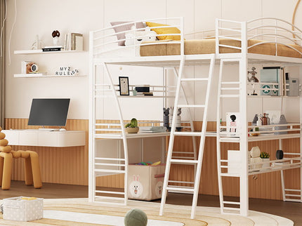 Loft Bed With 4 Layers Of Shelves And L-Shaped Desk, Stylish Metal Frame Bed With A Set Of Sockets, USB Ports And And Wireless Charging