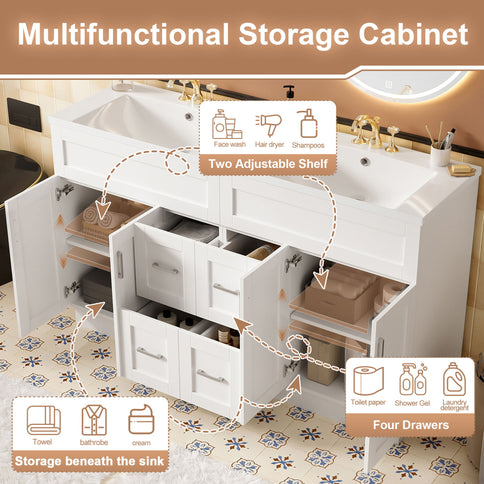 Bathroom Vanity With Dual Sinks, 4 Cabinet Doors, 4 Drawers, Adjustable Shelves - White