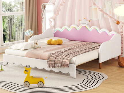 Extending Daybed With LED Lights, Modern Upholstered Princess Daybed With Crown Headboard