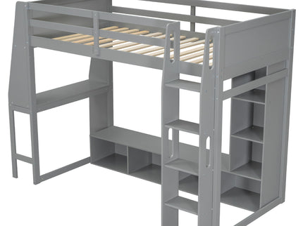 Gaming Loft Bed With Desk, Multi Storage Shelves, LED Lighting, And Hanging Clothes Rack