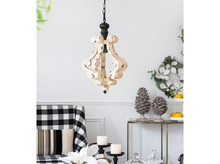 Farmhouse Chandeliar Distressed Pendant French Country Wood Chandelier For Living Room Foyer, Bulb Not Included - Antique Cream