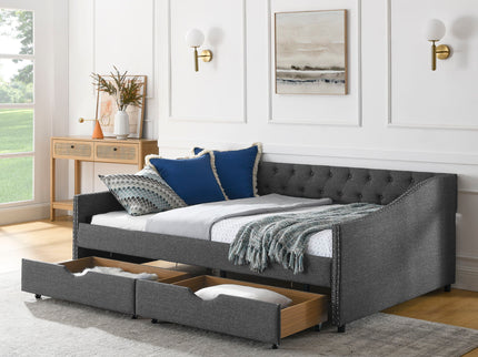 Upholstered Tufted Daybed With Drawers, Waved Arms