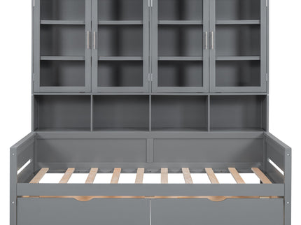 Daybed With Glass Door Storage Cabinets, Built In LED Lighting And Shelves