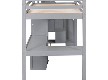 Loft Bed With L Shaped Desk, Drawers, Cabinet, And Storage Staircase