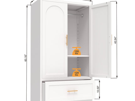 Wardrobe Cabinet With 1 Drawer And Hanging Rod, 2 Doors Closet With Shelf For Bedroom - White