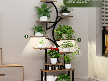 S - Shaped, 10 Tier Plant Stand With 5 Grow Lights - Deep Rustic Brown