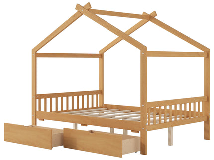 House Style Platform Bed With Headboard, Footboard, 2 Drawers, And Roof Design