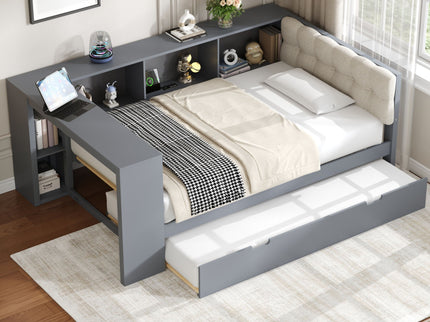 Upholstered Headboard Platform Bed With Storage Shelves, Trundle, Charging Station
