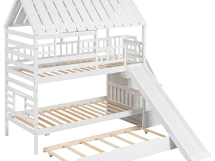 House Bunk Bed With Trundle, Storage Staircase, Roof And Window Design
