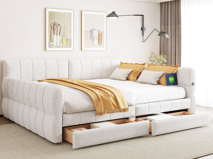 Queen Upholstered Platform Bed With USB Charging And 2 Storage Drawers - White