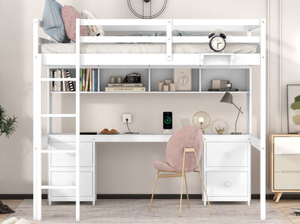 Full Size Loft Bed With Desk, Cabinets, Drawers, Charging Station And Bedside Tray, Sturdy Frame, No Box Spring Required - White