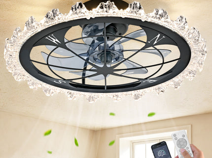 Caged Ceiling Fan With Remote Controlled Dimmable LED Lights, Flush Mount Fan, Low Profile Design - Matte Black