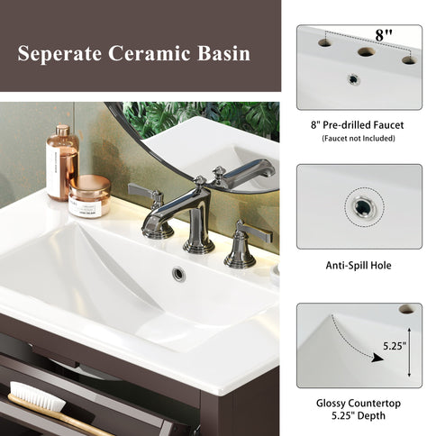 Bathroom Vanity With Ceramic Sink, Adjustable Shelf & Tip Out Tray