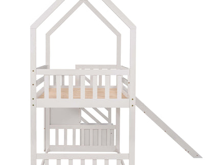 Twin Over Twin House Bunk Bed With Convertible Slide, Storage Staircase