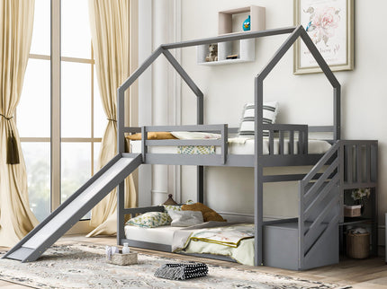 Twin Over Twin House Bunk Bed With Convertible Slide, Storage Staircase