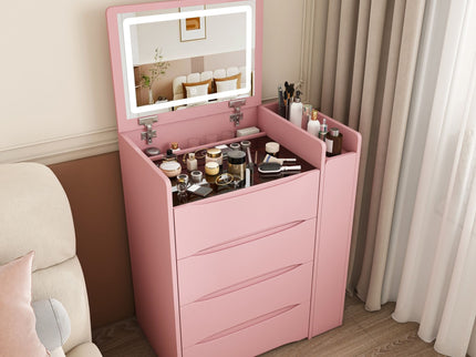 Flip Mirror Vanity Desk With Adjustable LED Lights & Stool For Bedroom