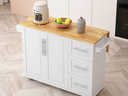 Kitchen Island Cart With 2 Door Cabinet, 3 Drawers, Spice Rack & Towel Rack - White